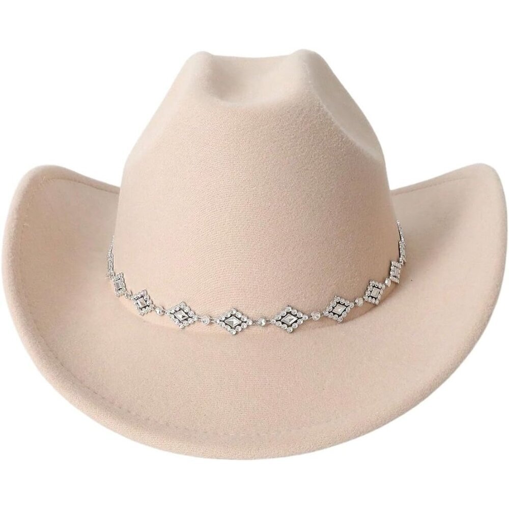 Verdusa Women Beige 100% Polyester Rhinestone Diamond Chain Band Cowboy Felt Hat